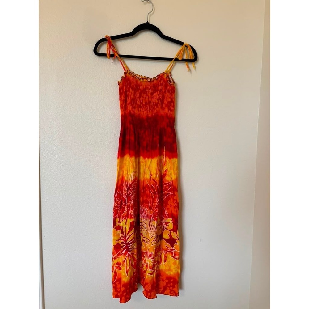 Aloha Fashion Hawaiian Tie Dye Tropical Floral Smocked Maxi Dress One Orange